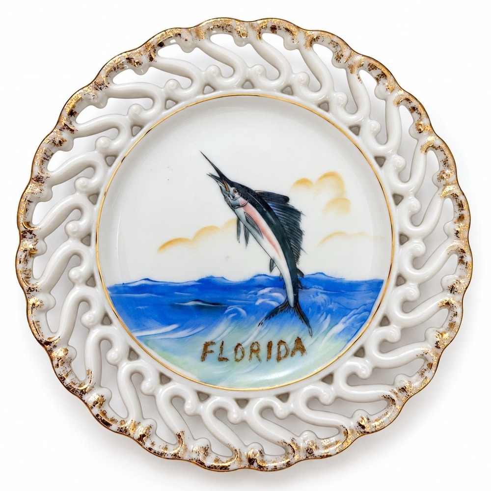 Vintage 1965 Florida Sailfish Souvenir Plate Pierced Rim Gold Trim 8 Inch